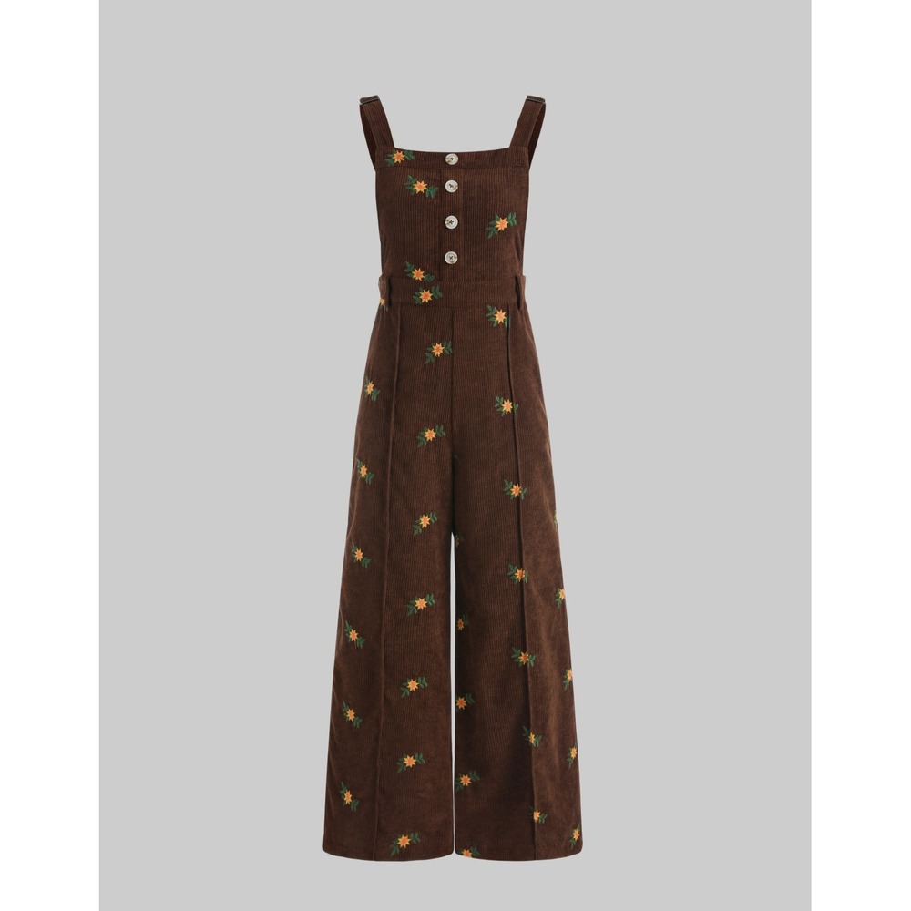 Cider Brown Corduroy Floral Embroidered Wide Leg Overalls NWT - XS